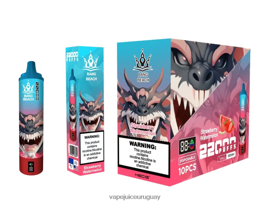 Vape Desechable Uruguay J2DBD423 sandia fresa - Bang Beach Pantalla inteligente de 22000 inhalaciones.