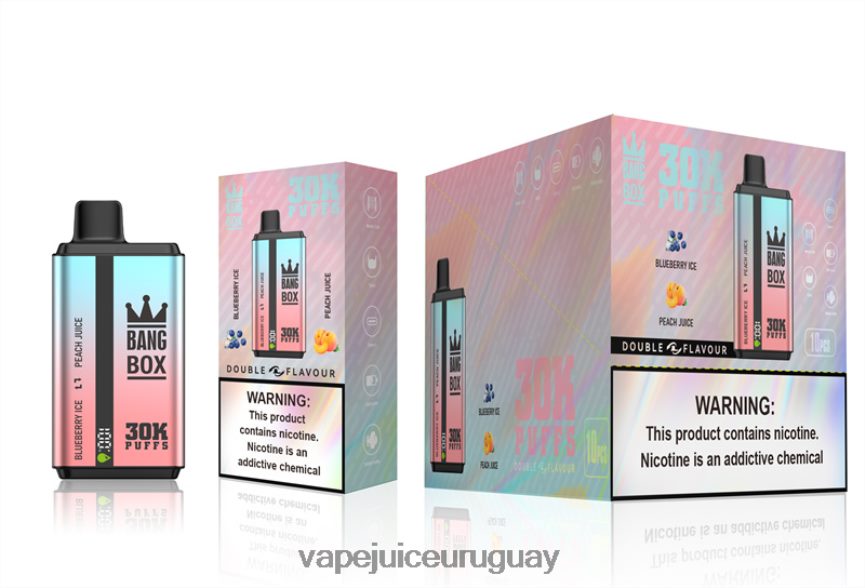 Vape Desechable Uruguay J2DBD463 hielo de arándanos y jugo de durazno - Bang Box 30000 inhalaciones de dos sabores.