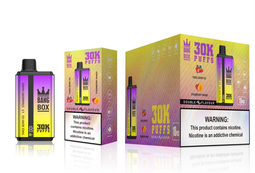 Vape Recargable J2DBD467 helado de tres bayas y mango de fresa - Bang Box 30000 inhalaciones de dos sabores.